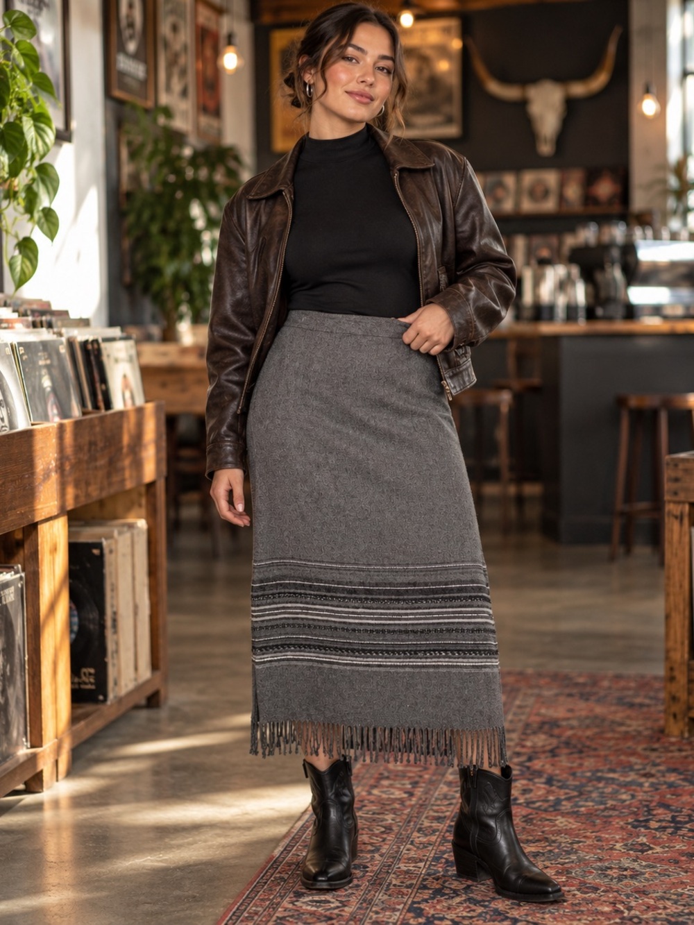 Vintage Y2K Briggs Petite 12P Gray Wool Fringe Midi Skirt Western